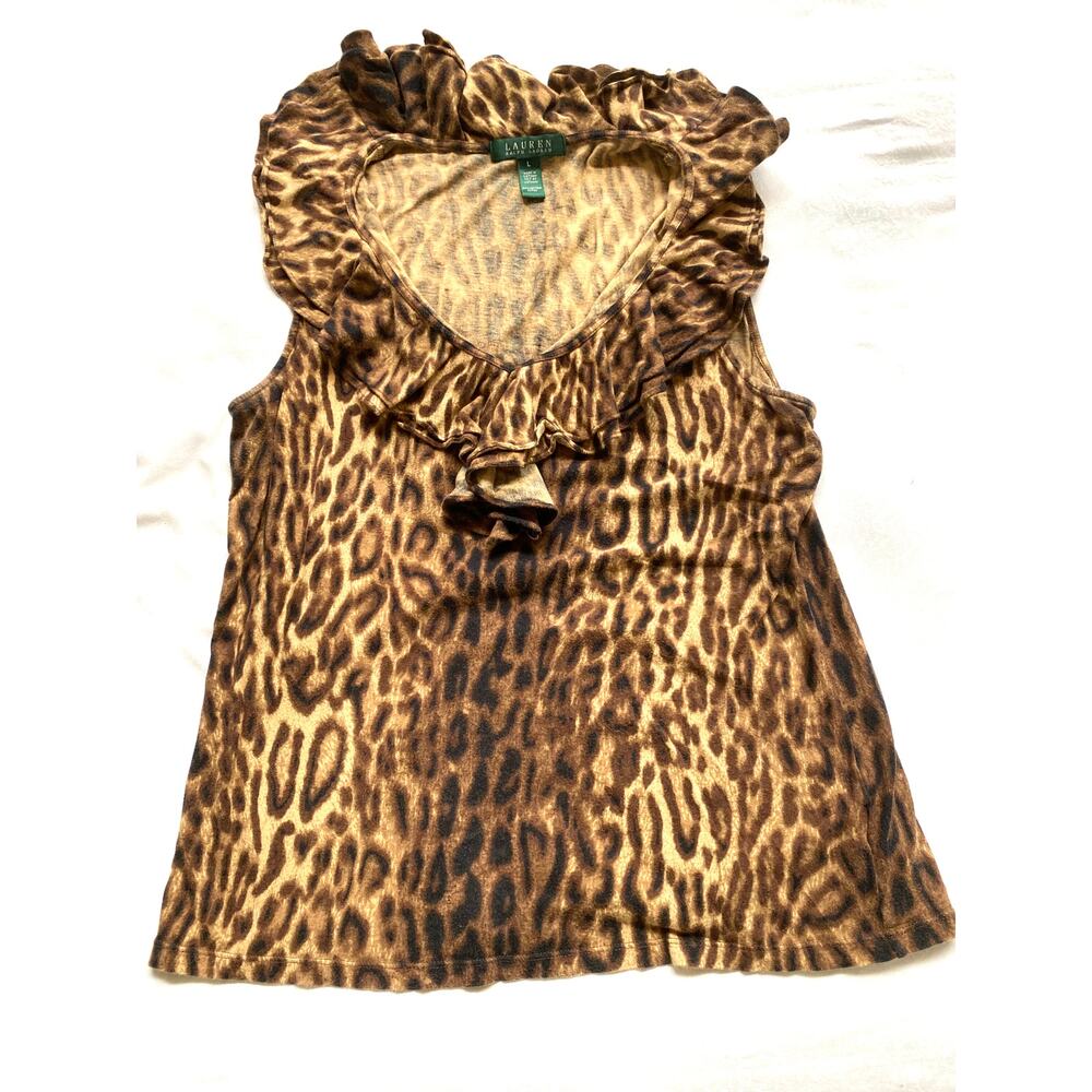 Ralph Lauren L Animal Print Ruffled Neckline Cotton Knit Sleeveless Top‎